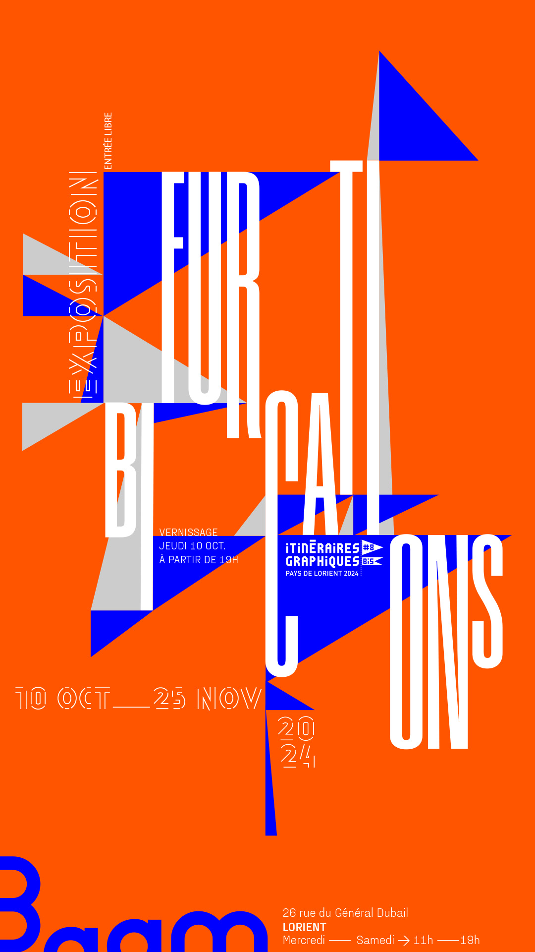 Affiche des bifurcations graphiques à lorient. Exposition à la galerie Baam visible du 10 octobre au 25 novembre 2024. Entrée libre