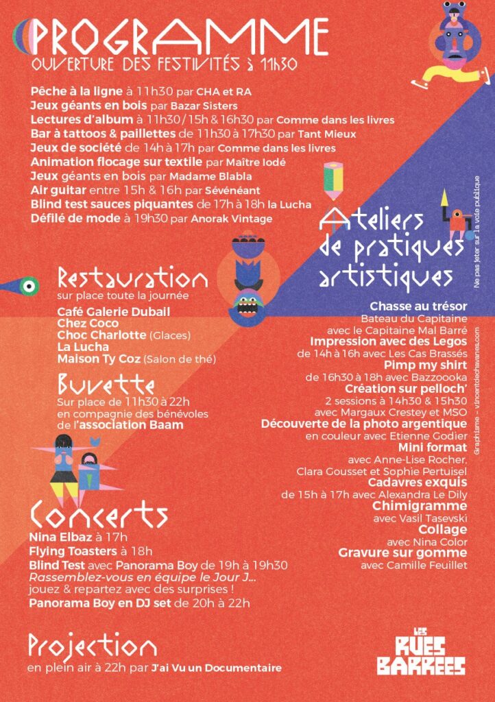 Programme des Rues Barrées à Lorient. Le 20 septembre 2025 de 11h30 à 22h30. Rue dubail et rue des Fontaines