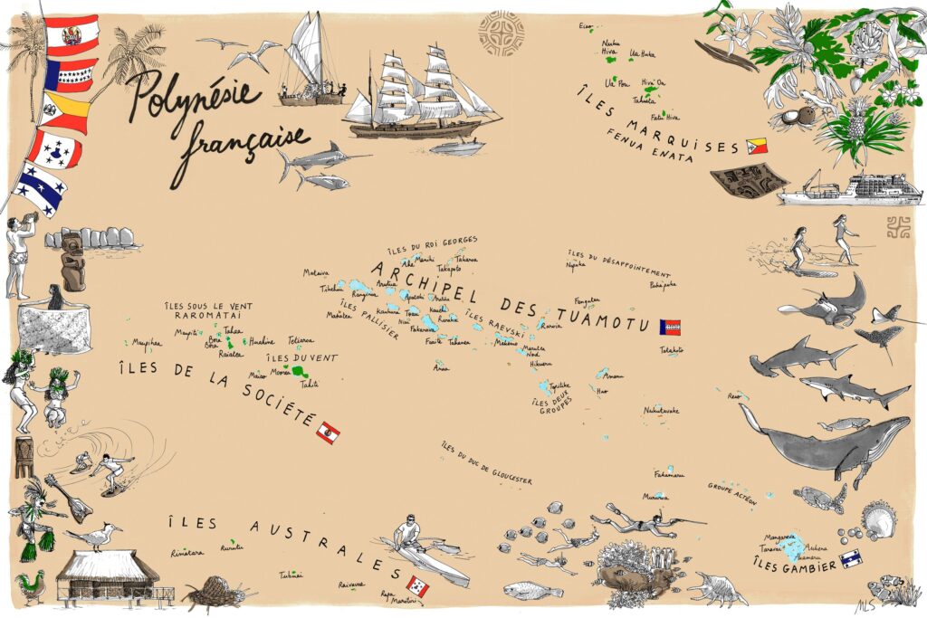 Carte illustrée de la Polynesie Francaise par Table à Cartes